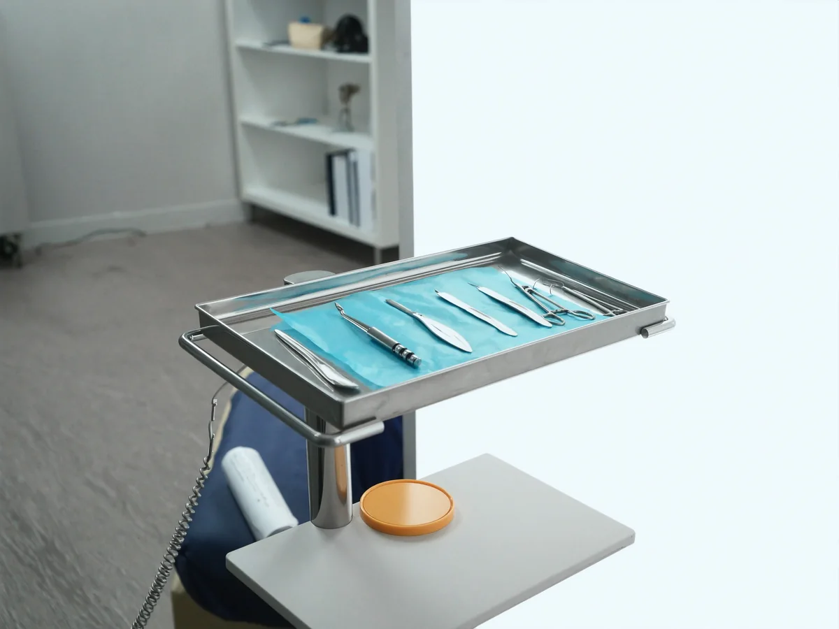 A stainless instrument tray on a rolling stand in a treatment room, holding autoclaved nippers, a curette and a burr handpiece on sterile wrap.